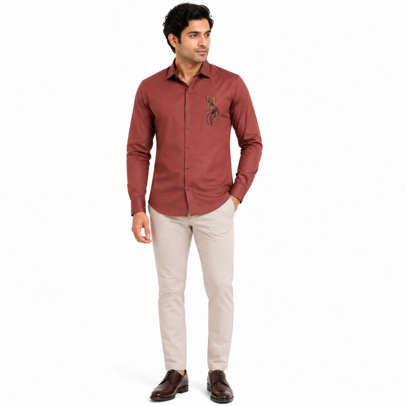 Men's Rust Embroidered Detail Full Sleeve Smart Casual Shirt-1