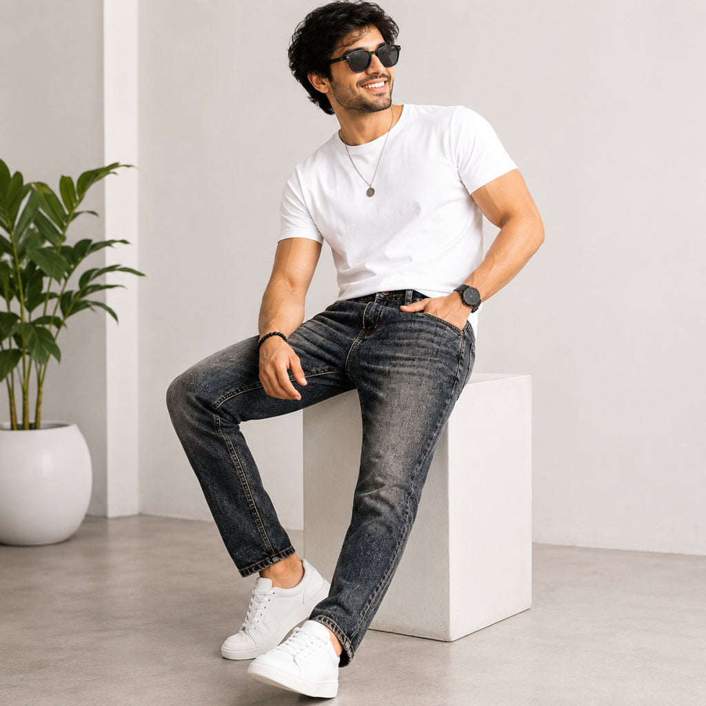 Men's Blue Light-Washed Regular Fit Casual Denim Jeans-4
