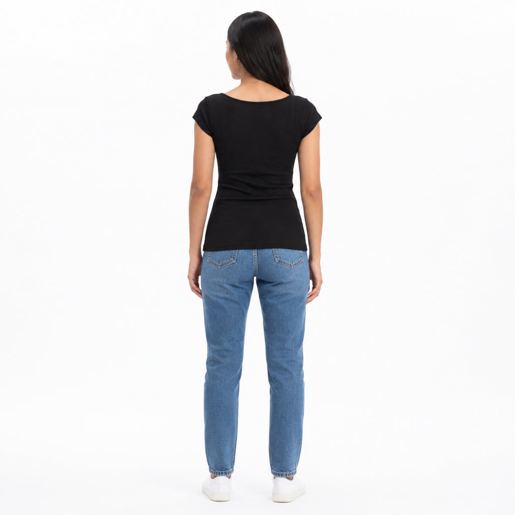 Women's Black Ribbed Scoop Neck Fitted Casual Top-4