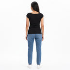 Women's Black Ribbed Scoop Neck Fitted Casual Top-4