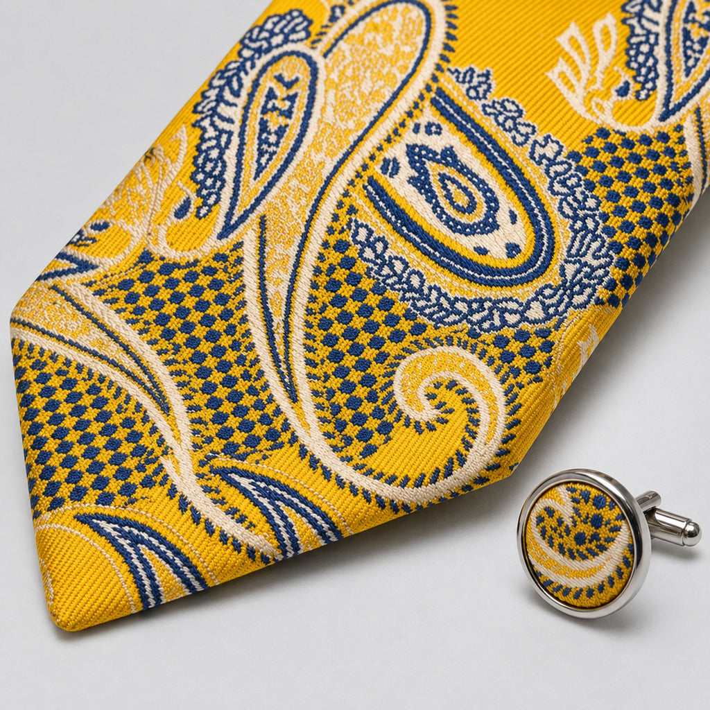 Men's Luxury Paisley-Patterned Yellow Silk Formal Necktie-3