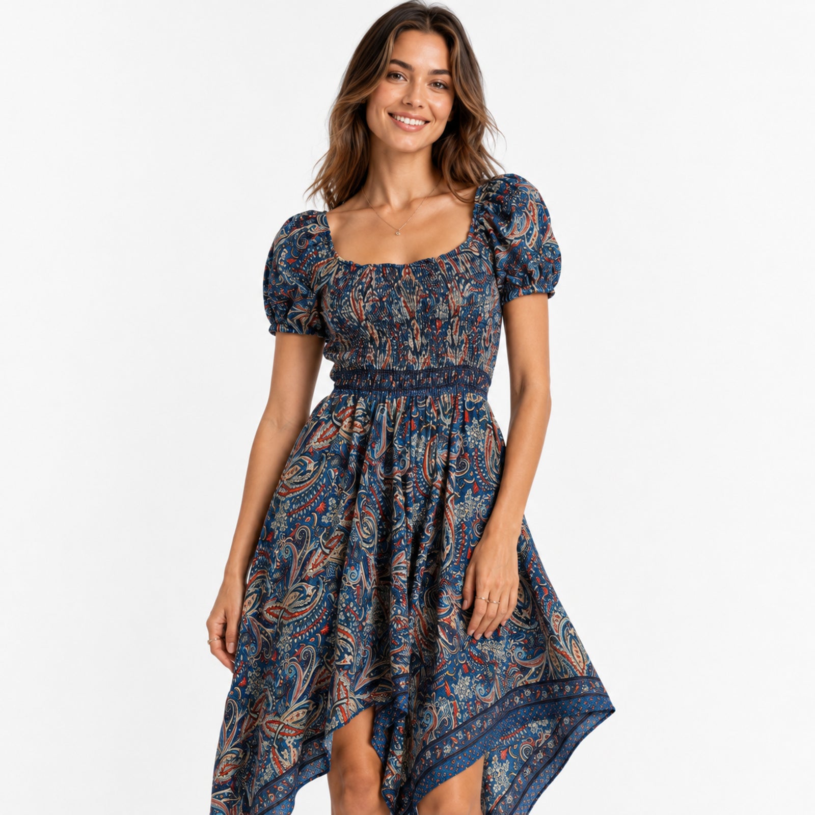 Women's Teal Paisley Smocked Handkerchief Hem Midi Dress | Puff Sleeve Boho Resort Dress-2