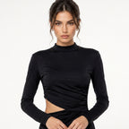 Women's Black High Neck Cut-Out Draped Midi Dress | Sleek Ruched Evening Dress-3