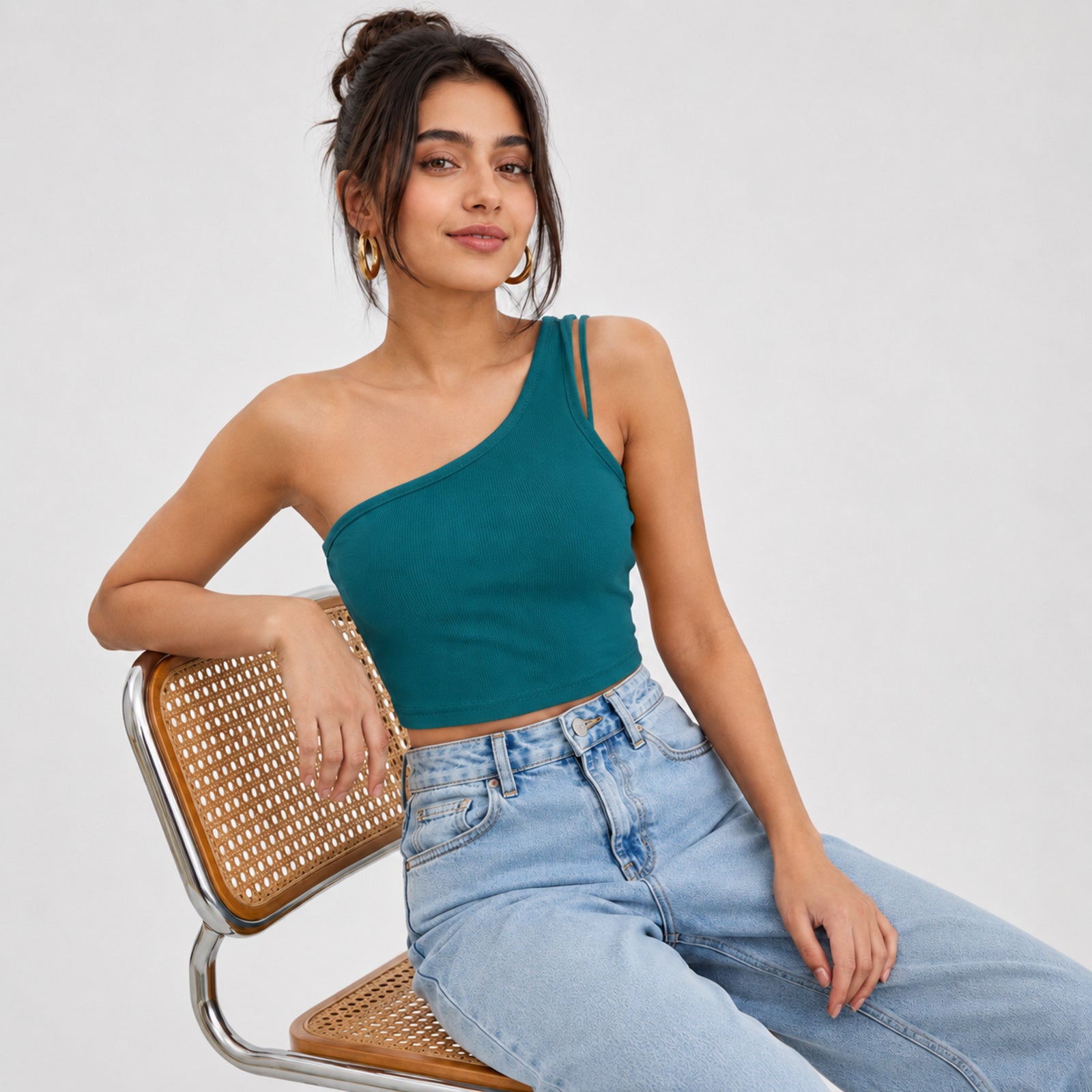 Women's Teal One-Shoulder Ribbed Crop Top | Slim Fit Casual Stretch Top-1