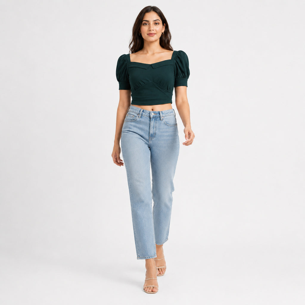 Women's Dark Green Square Neck Puff Sleeve Wrap Crop Top | Fitted Casual Blouse-3
