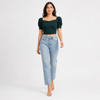 Women's Dark Green Square Neck Puff Sleeve Wrap Crop Top | Fitted Casual Blouse-3