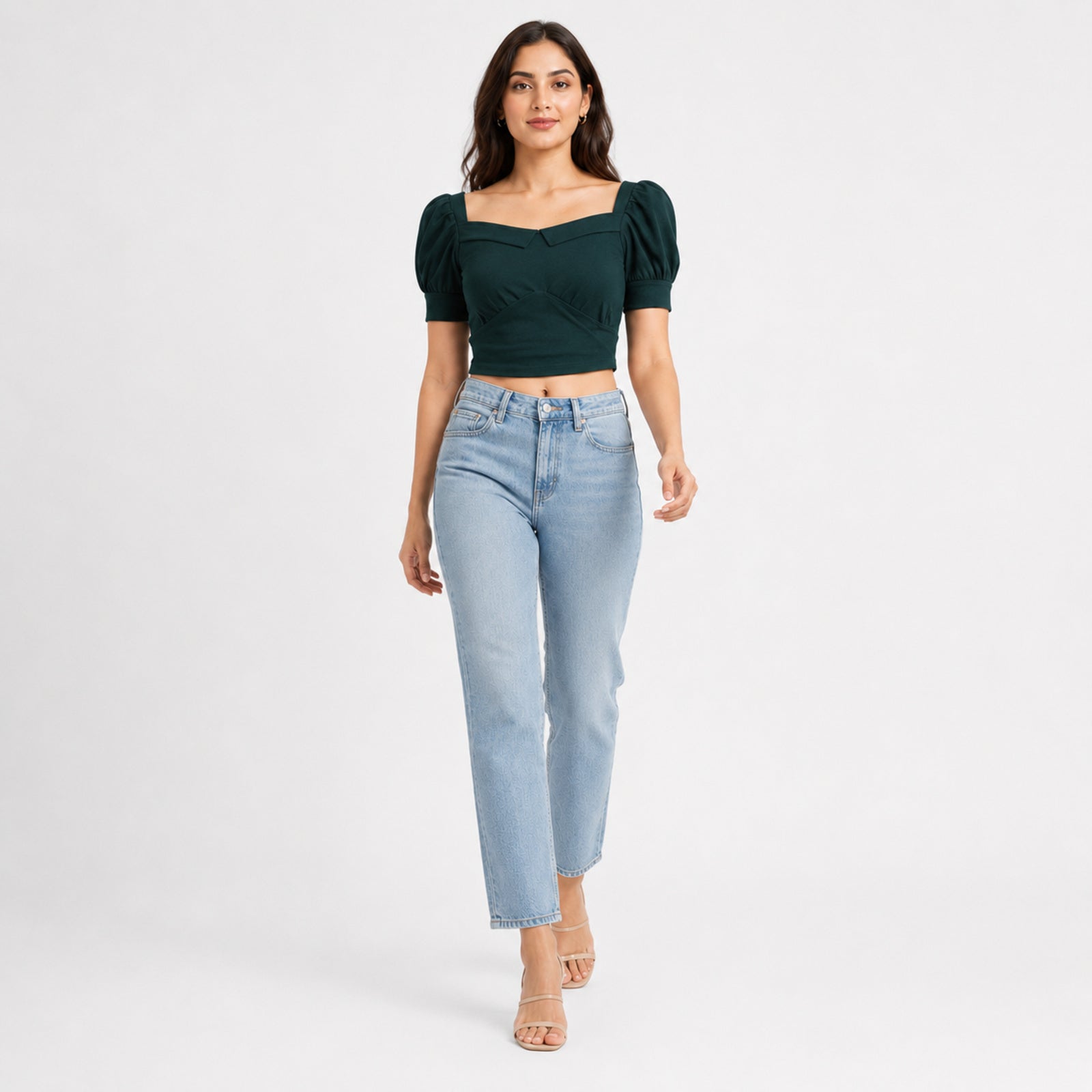 Women's Dark Green Square Neck Puff Sleeve Wrap Crop Top | Fitted Casual Blouse-3