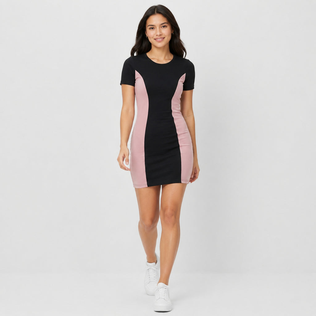 Women's Black & Pink Color Block Bodycon Mini Dress-1