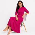 Women's Pink Solid High Neck Three-Quarter Sleeve Maxi Dress-4