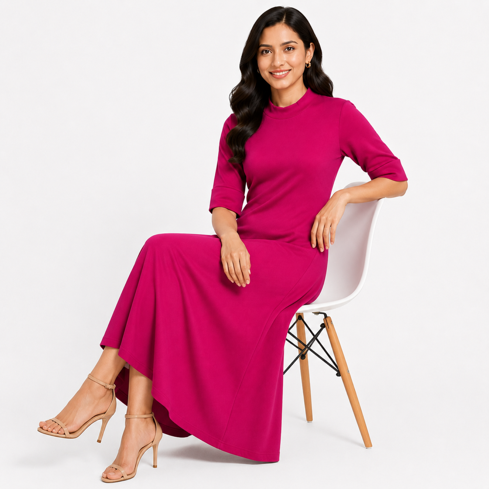 Women's Pink Solid High Neck Three-Quarter Sleeve Maxi Dress-4