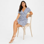Women's Blue Floral Fit & Flare Mini Dress | V-Neck Puff Sleeve Casual Dress-2