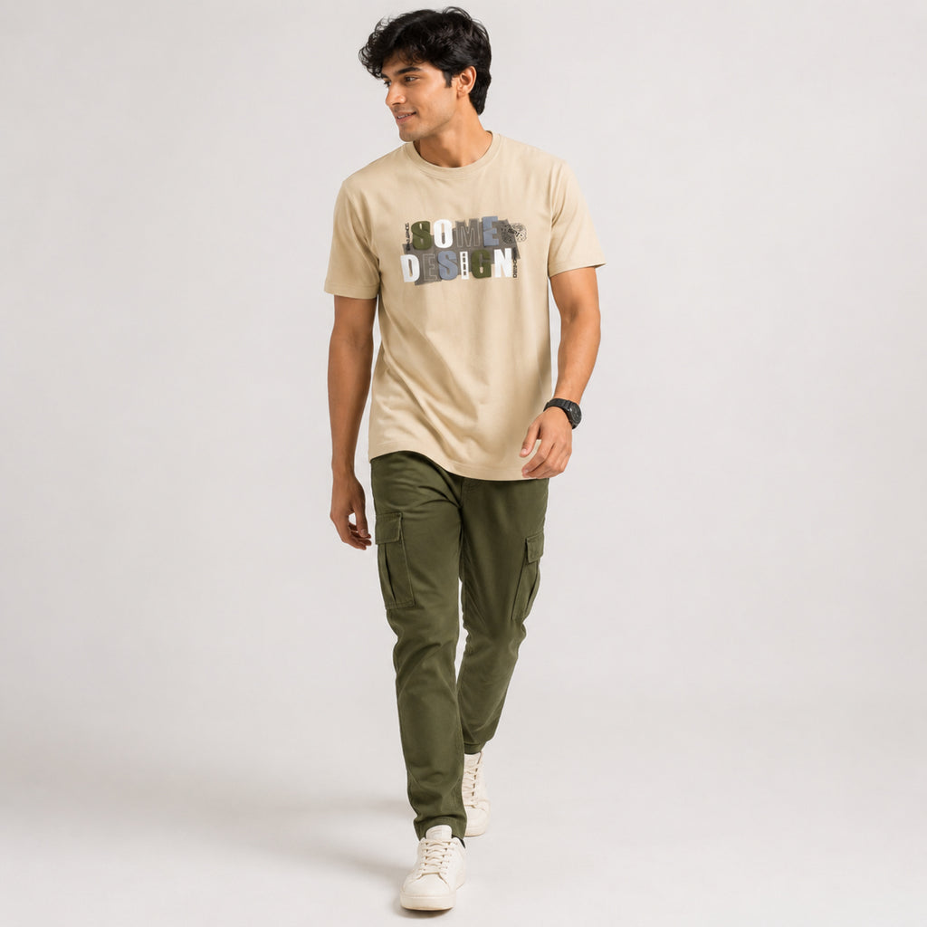 Men's Cream Graphic Printed Casual T-Shirt-2