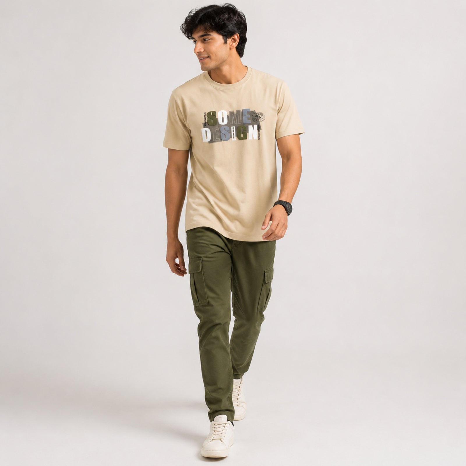 Men's Cream Graphic Printed Casual T-Shirt-2