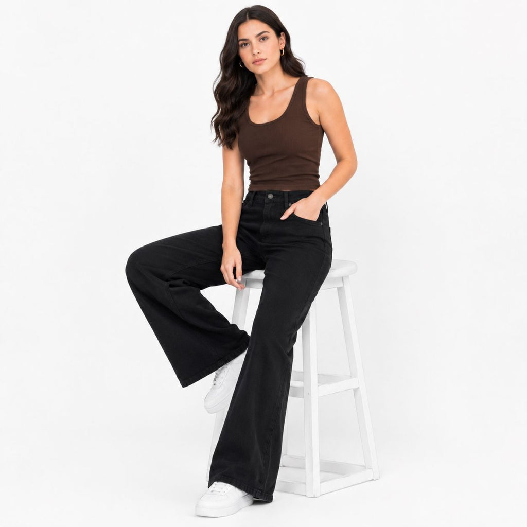 Women's Black Straight Wide Leg Jeans | High-Rise Premium Denim-2