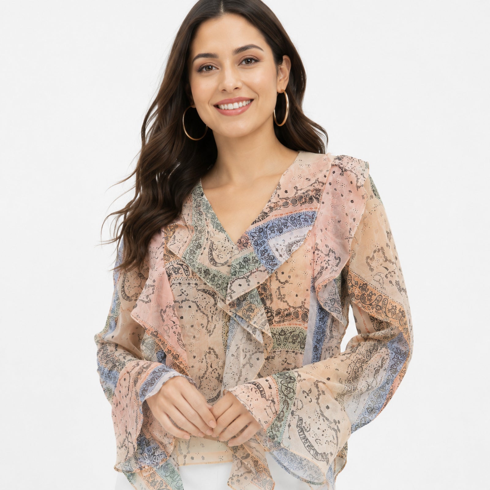 Women's Yellowish Paisley Print Ruffle Top | V-Neck Long Bell Sleeve Sheer Blouse-3