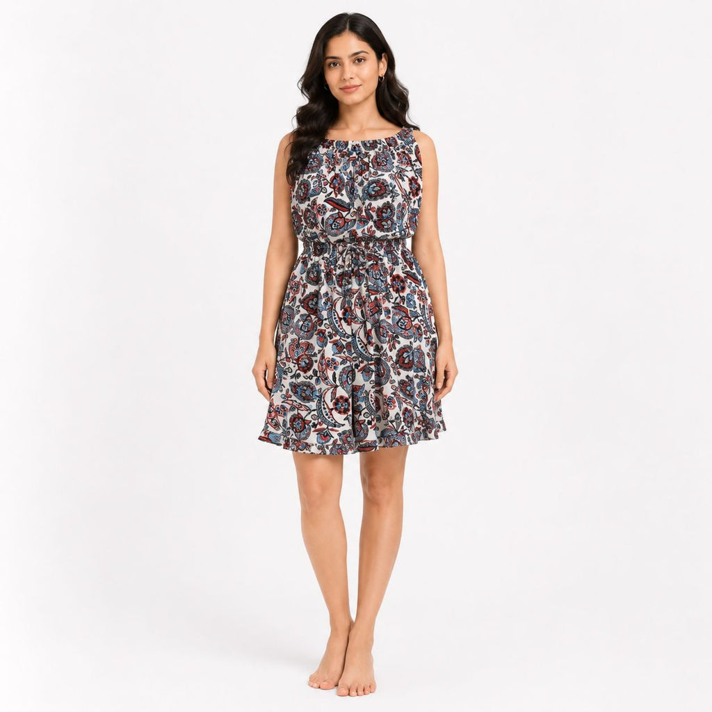 Women's Bohemian Chic White & Red Multi-Floral A-Line One-Piece Dress-1