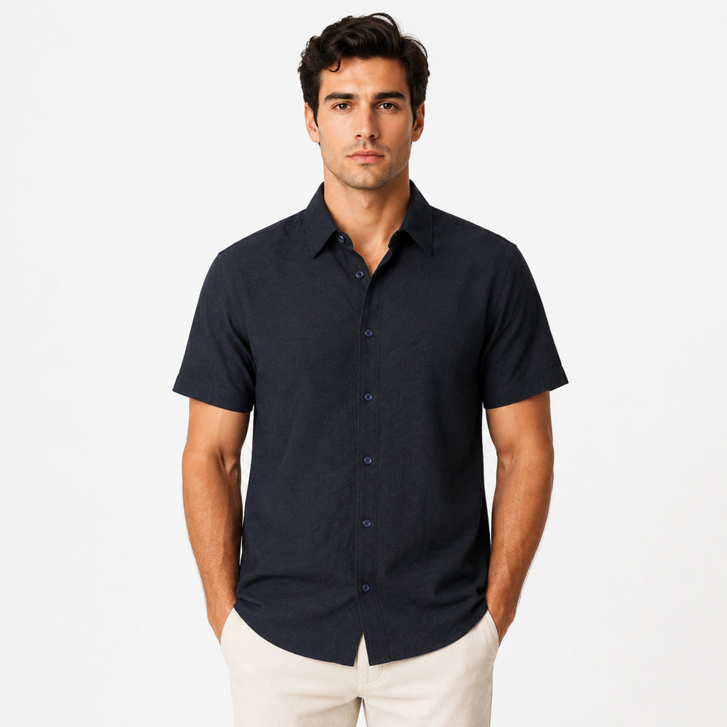 Men's Navy Blue Solid Half Sleeve Casual Shirt-4