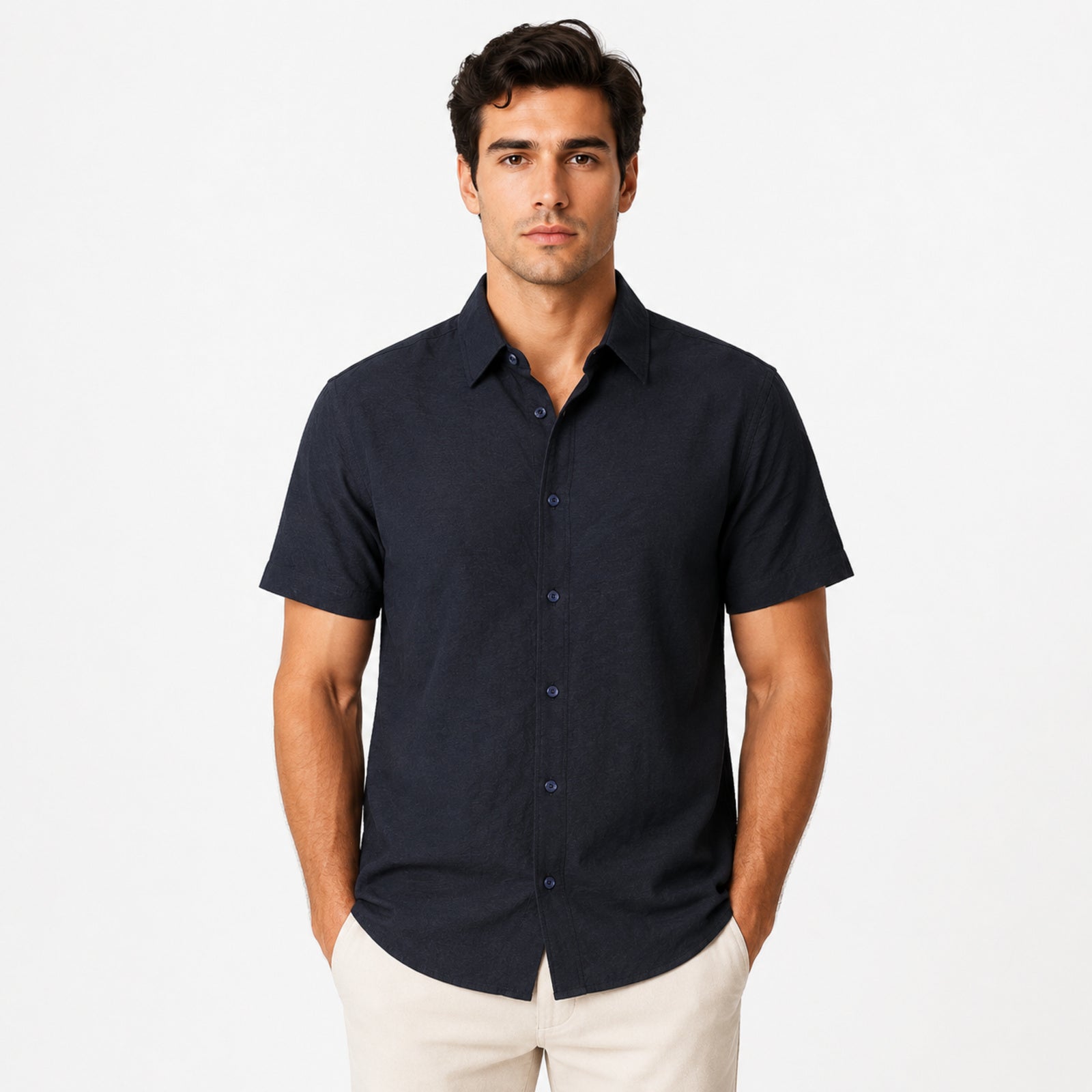 Men's Navy Blue Solid Half Sleeve Casual Shirt-4
