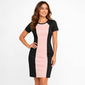 Women's Peach & Black Color Block Bodycon Dress | Round Neck Short Sleeve Knee-Length Dress-1