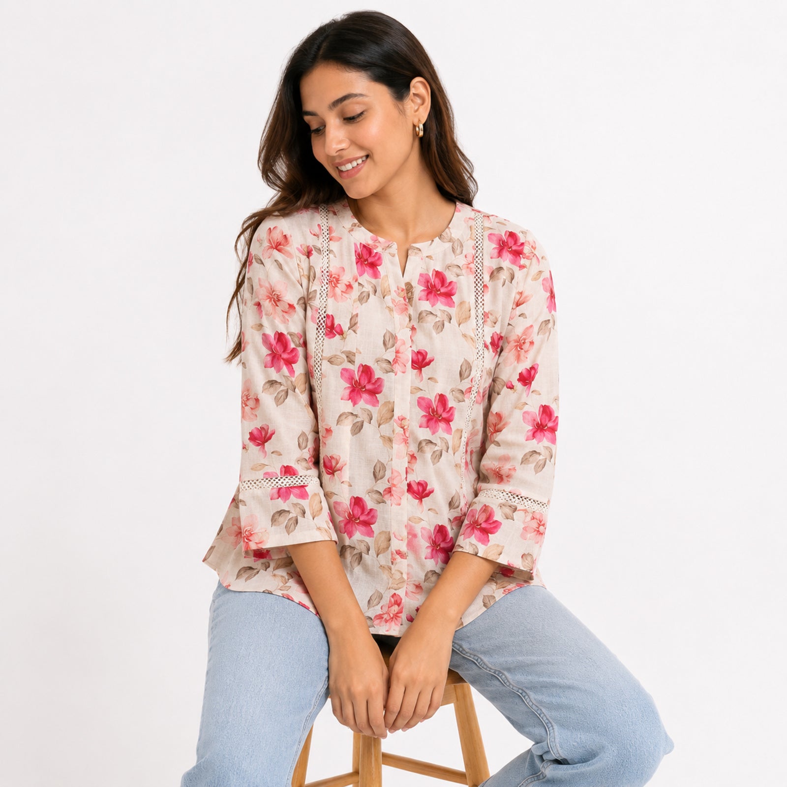 Women's Cream Floral Print Casual Top-1