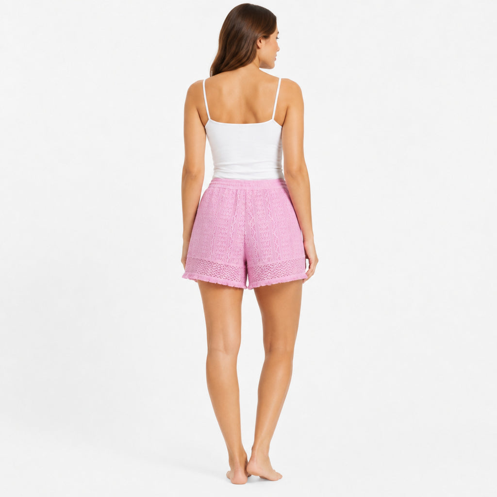 Women's Pink Lace Knit Drawstring Shorts | Mid Rise Casual Summer Shorts-4
