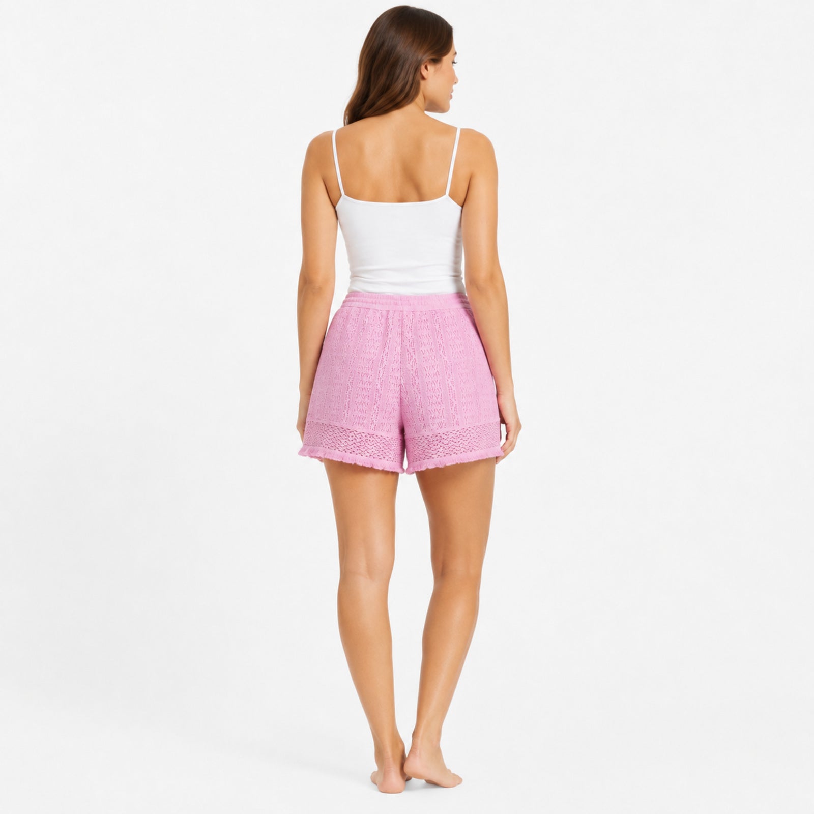 Women's Pink Lace Knit Drawstring Shorts | Mid Rise Casual Summer Shorts-4