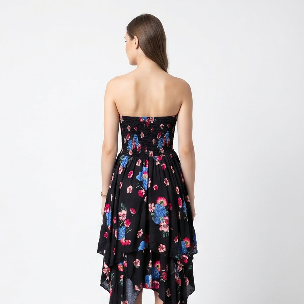 Women's Floral Print Strapless Handkerchief Dress-4