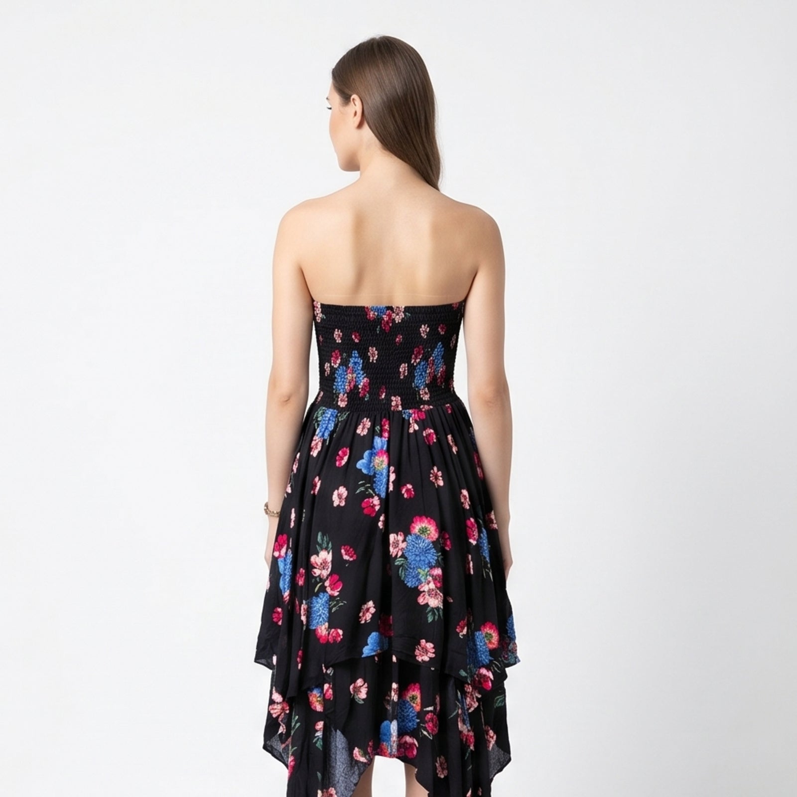 Women's Floral Print Strapless Handkerchief Dress-4