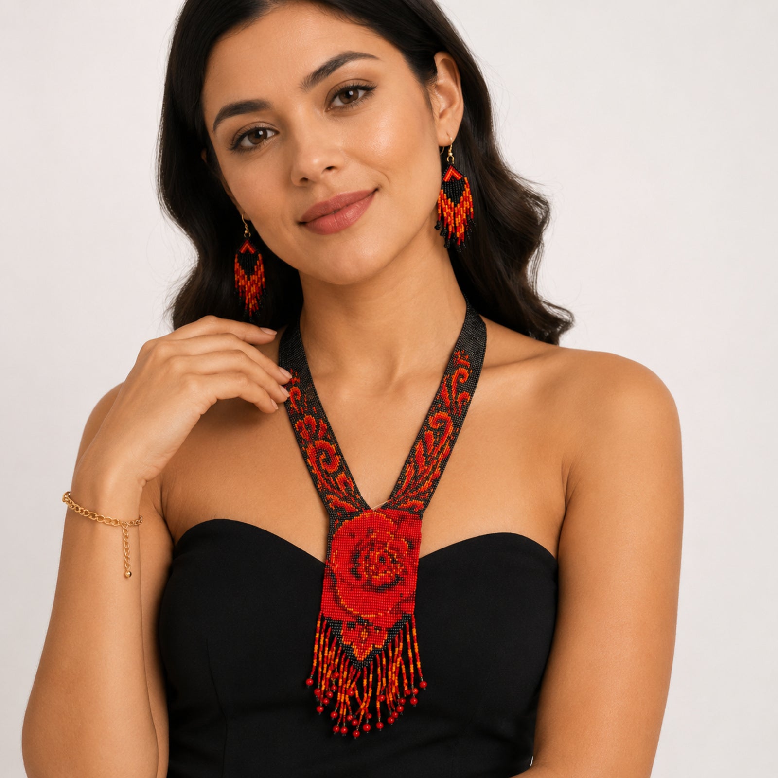 Handcrafted Red Rose Motif Beaded Statement Necklace and Earrings Set-2