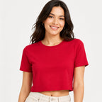 Women's Red Crew Neck Short Sleeve Boxy Crop T-Shirt | Solid Casual Crop Tee-2