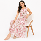 Women's Cream Floral Printed Sleeveless Round Neck Maxi Dress-4