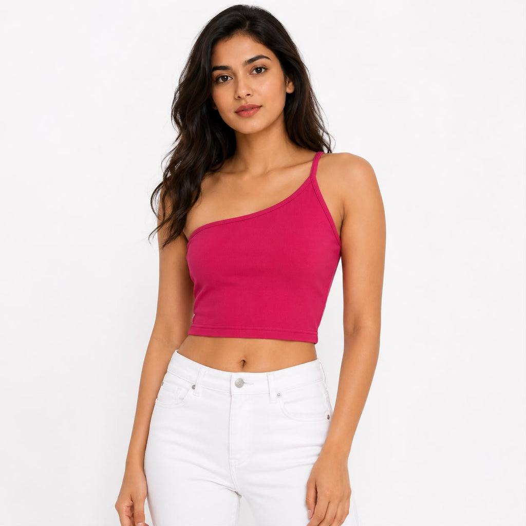 Women's One Shoulder Crop Top – Red-1