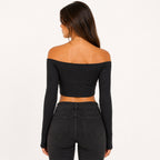 Women's Black Ribbed Off Shoulder Full Sleeve Crop Top-2
