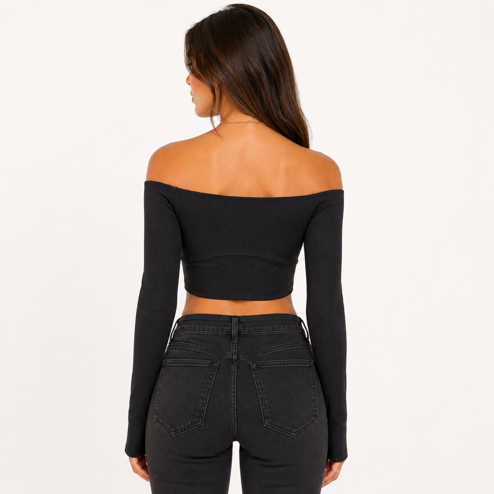 Women's Black Ribbed Off Shoulder Full Sleeve Crop Top-2