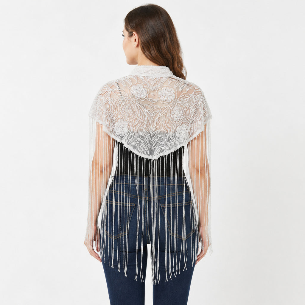 Women's White Lace Fringe Poncho-2