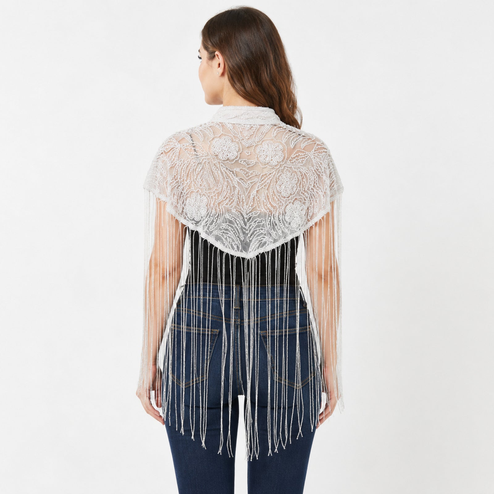 Women's White Lace Fringe Poncho-2