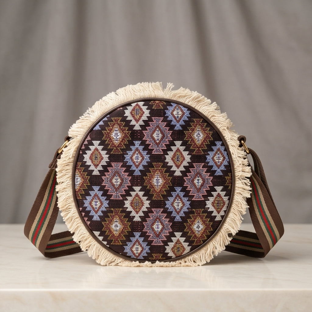 Women's Brown Tribal Print Round Crossbody Sling Bag with Fringe Detail-1