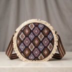 Women's Brown Tribal Print Round Crossbody Sling Bag with Fringe Detail-1