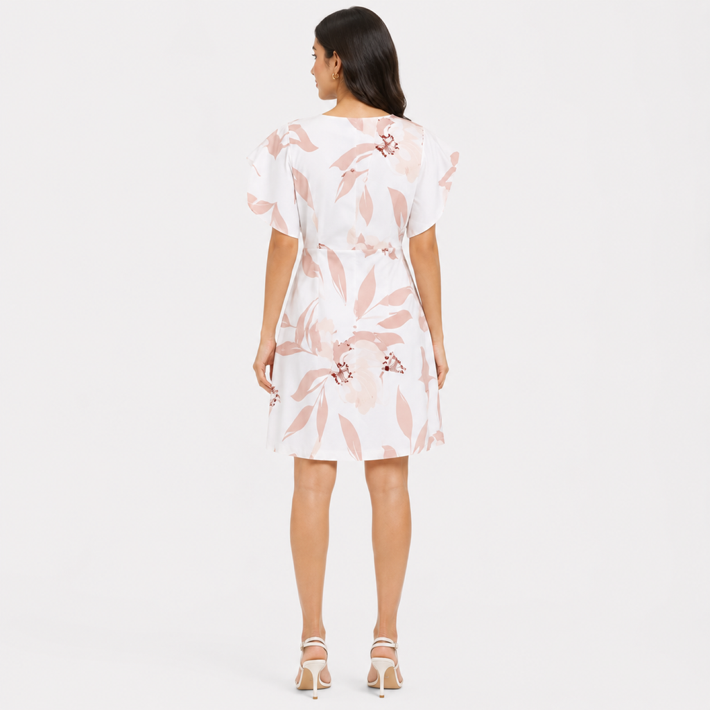 Women's Cream Floral Print V-Neck Ruffle Sleeve A-Line Dress-1