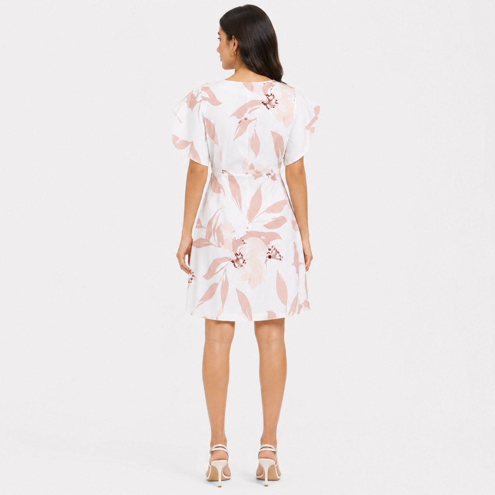 Women's Cream Floral Print V-Neck Ruffle Sleeve A-Line Dress-1
