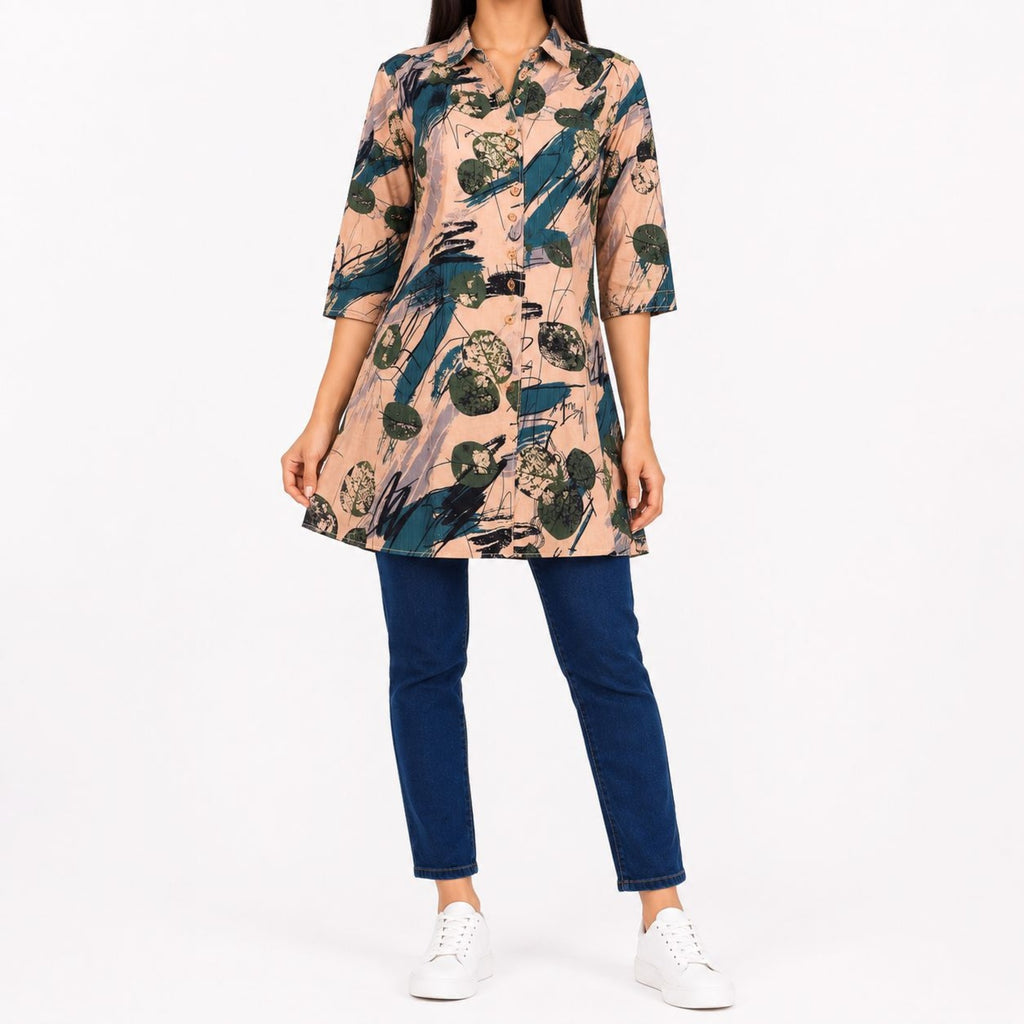 Women's Green Abstract Print A-Line Tunic Top-1
