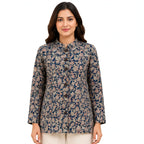 Women's Navy Blue Printed Jacket Full Sleeve Button-Front Floral Pattern Jacket-1