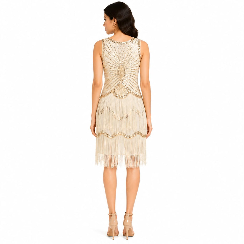 Women's Cream Embellished Fringe Party Dress with V-Neck Design-3