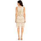 Women's Cream Embellished Fringe Party Dress with V-Neck Design-3