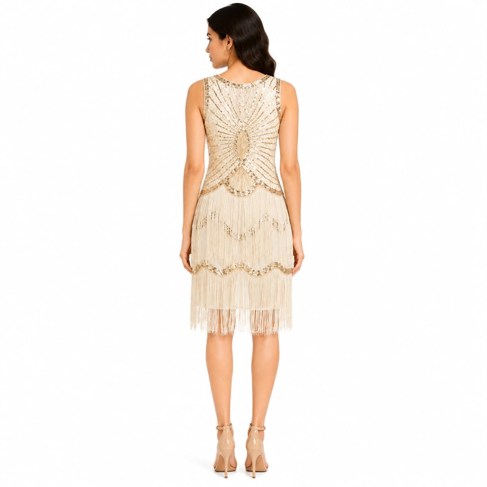 Women's Cream Embellished Fringe Party Dress with V-Neck Design-3