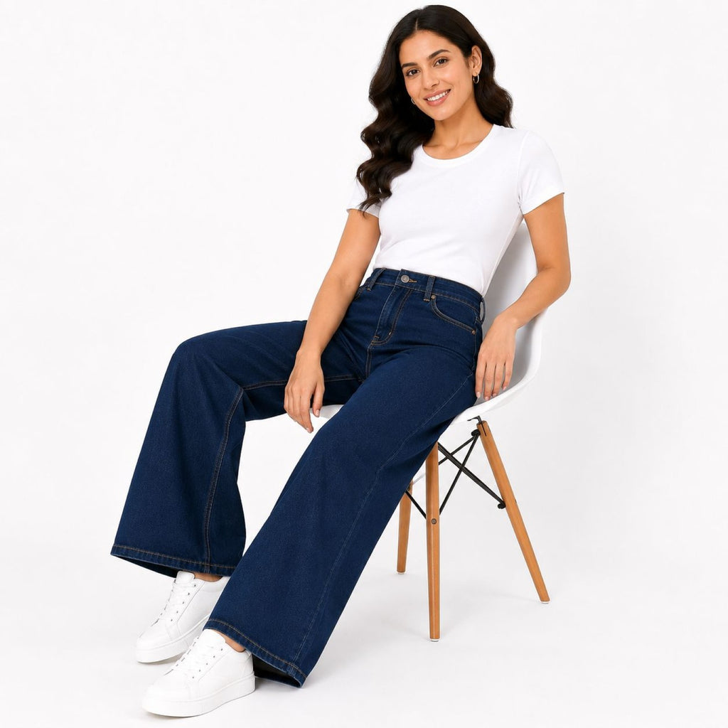 Women's High-Rise Dark Blue Wide Leg Denim Jeans | Full Length Casual Stretch Jeans for Women-3