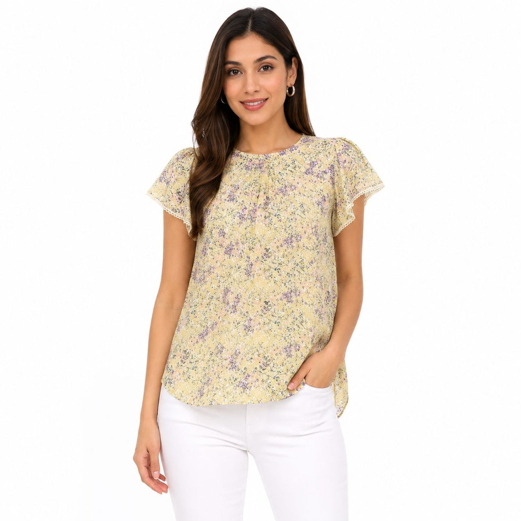 Women's Yellow Floral Print Flutter Sleeve Top-1