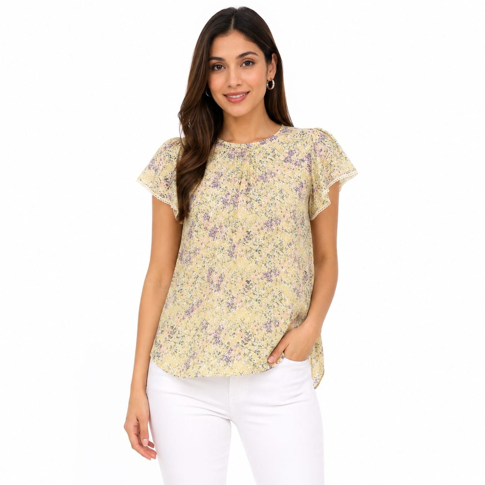 Women's Yellow Floral Print Flutter Sleeve Top-1