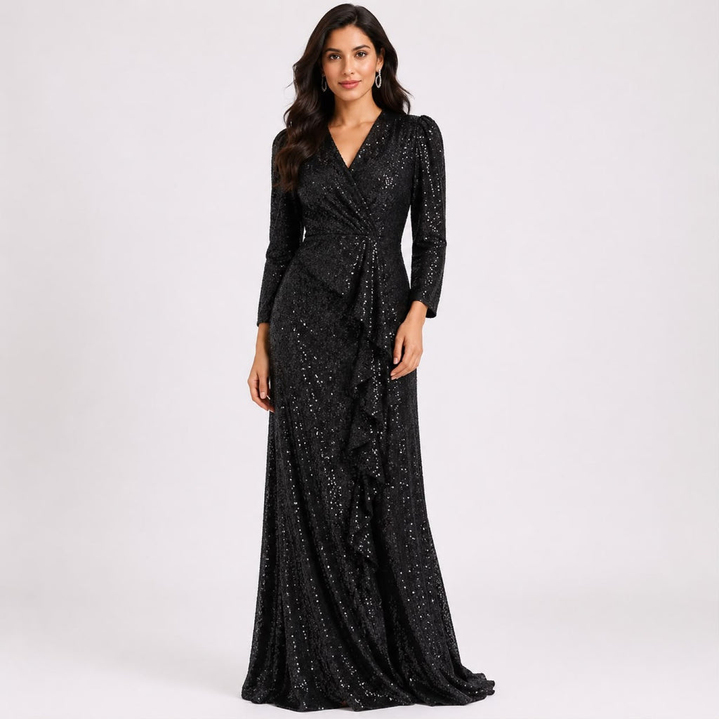 Women's Luxury Black Sequin Wrap Maxi Gown with Ruffle Detail | Elegant Evening Party Wear Dress for Women-1