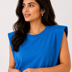 Women's Teal Sleeveless Padded Shoulder Top | Solid Relaxed Fit Casual Muscle Tee-2
